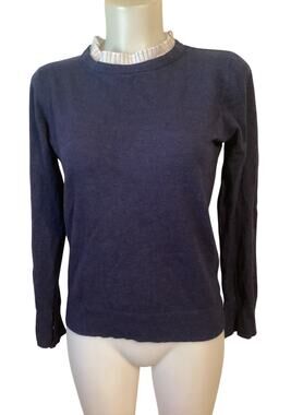 5041 Vila Milano Women Pullover Long Sleeve Sweater Ruffle Neck Navy Blue Medium
